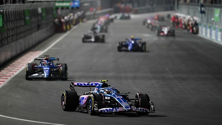 Nov 18, 2023; Las Vegas, Nevada, USA; BWT Alpine F1 driver Pierre Gasly of France (10) drives during the Formula 1 Heineken Silver Las Vegas Grand Prix at the Las Vegas Strip Circuit. Mandatory Credit: Lucas Peltier-USA TODAY Sports