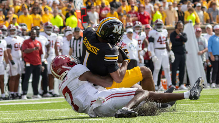 Oct 11, 2025; Columbia, MO; USA; Missouri Tigers wide receiver Donovan Olugbode makes a catch in the red zone against the Alabama Crimson Tide