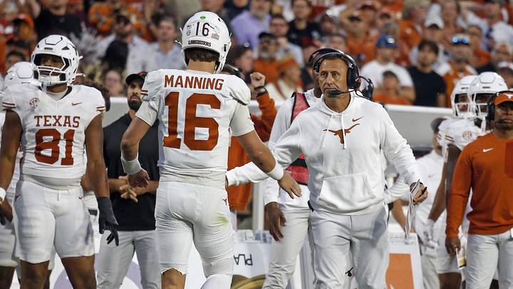 Texas Longhorns head coach Steve Sarkisian reacts with quarterback Arch Manning during the fourth quarter against the Mississippi State Bulldogs at Davis Wade Stadium at Scott Field. Texas Longhorns head coach Steve Sarkisian reacts with quarterback Arch Manning during the fourth quarter against the Mississippi State Bulldogs at Davis Wade Stadium at Scott Field.