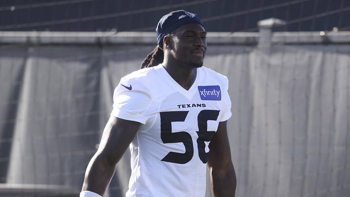 Jul 23, 2025; Houston, TX, USA;  Houston Texans linebacker Jamal Hill (56) during training camp at Houston Methodist Training Center. Mandatory Credit: Troy Taormina-Imagn Images