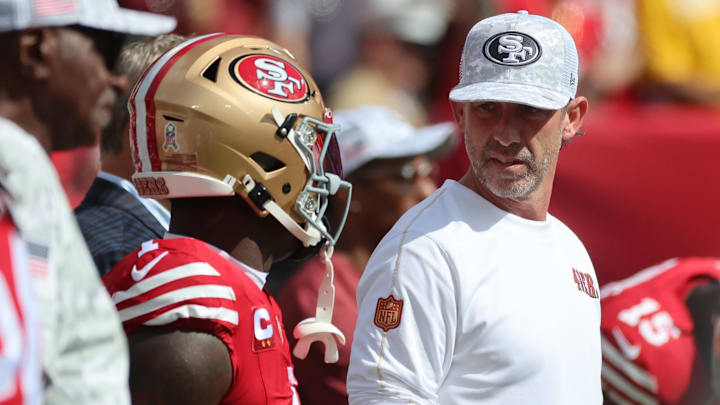 San Francisco 49ers head coach Kyle Shanahan and wide receiver Deebo Samuel Sr. exchange words before the game against the Tampa Bay Buccaneers.