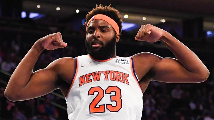 Oct 24, 2021; New York, New York, USA;  New York Knicks center Mitchell Robinson (23) celebrates after scoring against the Orlando Magic during the second quarter at Madison Square Garden. Mandatory Credit: Dennis Schneidler-USA TODAY Sports