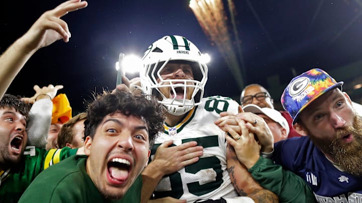 Green Bay Packers tight end Tucker Kraft (85) celebrates a touchdown against the Washington Commanders last week.