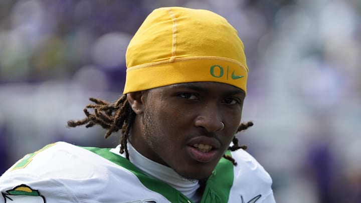 Sep 13, 2025; Evanston, Illinois, USA; Headshot of Oregon Ducks wide receiver Dakorien Moore (1) against the Northwestern Wildcats during the second half at Northwestern Medicine Field at Martin Stadium. Mandatory Credit: David Banks-Imagn Images Sep 13, 2025; Evanston, Illinois, USA; Headshot of Oregon Ducks wide receiver Dakorien Moore (1) against the Northwestern Wildcats during the second half at Northwestern Medicine Field at Martin Stadium. Mandatory Credit: David Banks-Imagn Images