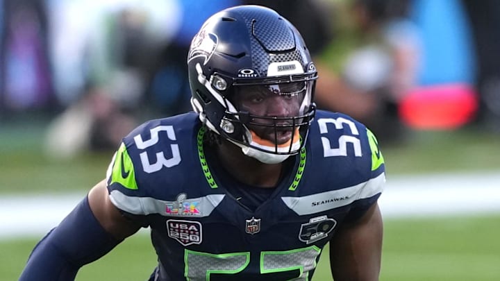Feb 8, 2026; Santa Clara, CA, USA; Seattle Seahawks linebacker Boye Mafe (53) during the second quarter against the New England Patriots in Super Bowl LX at Levi's Stadium. Mandatory Credit: Darren Yamashita-Imagn Images
