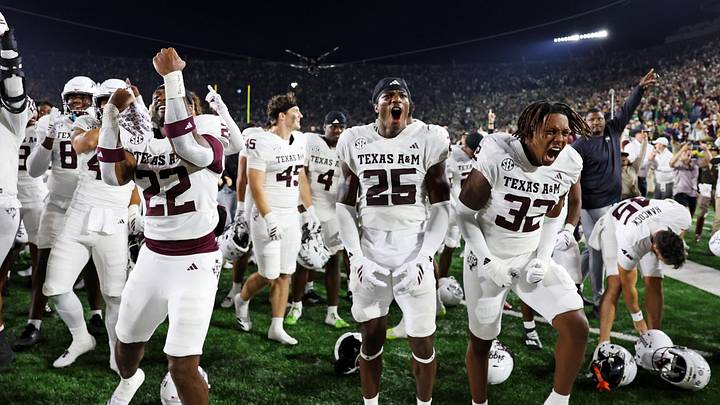 Sep 13, 2025; South Bend, Indiana, USA; Texas A&M Aggies celebrate after their win against Notre Dame Fighting Irish at Notre Dame Stadium. Mandatory Credit: Trevor Ruszkowski-Imagn Images