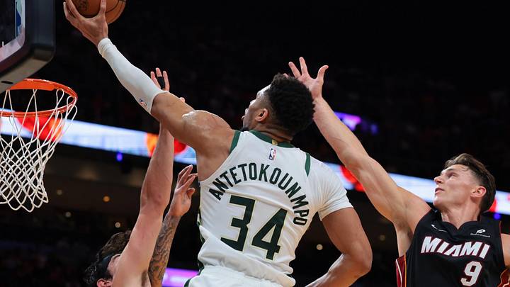 Mar 12, 2026; Miami, Florida, USA; Milwaukee Bucks forward Giannis Antetokounmpo (34) drives to the basket against Miami Heat guard Pelle Larsson (9) and forward Jaime Jaquez Jr. (11) during the second quarter at Kaseya Center. Mandatory Credit: Sam Navarro-Imagn Images Mar 12, 2026; Miami, Florida, USA; Milwaukee Bucks forward Giannis Antetokounmpo (34) drives to the basket against Miami Heat guard Pelle Larsson (9) and forward Jaime Jaquez Jr. (11) during the second quarter at Kaseya Center. Mandatory Credit: Sam Navarro-Imagn Images