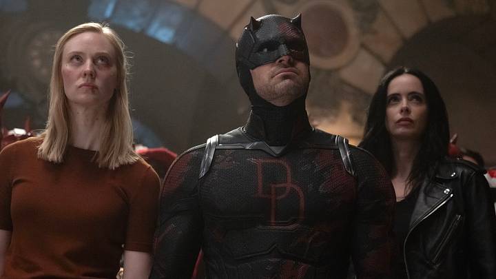 (L-R) Karen Page (Deborah Ann Woll), Matt Murdock/Daredevil (Charlie Cox) and Jessica Jones (Krysten Ritter) in Marvel Television’s DAREDEVIL: BORN AGAIN SEASON 2, exclusively on Disney+. Photo by Jojo Whilden. © 2026 MARVEL.
