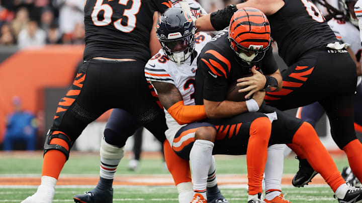 C.J. Gardner-Johnson sacks Joe Flacco in Sunday's Bears win over the Bengals. 