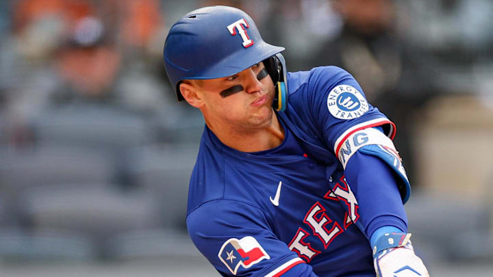 May 22, 2025; Bronx, New York, USA; Texas Rangers third baseman Josh Jung (6) singles during the first inning against the New York Yankees at Yankee Stadium
