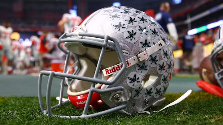 Jan 1, 2016; Glendale, AZ, USA; Detailed view of an Ohio State Buckeyes helmet against the Notre Dame Fighting Irish during the 2016 Fiesta Bowl at University of Phoenix Stadium. Mandatory Credit: Mark J. Rebilas-Imagn Images