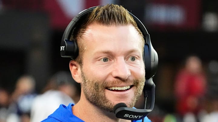 Los Angeles Rams head coach Sean McVay smiles after a touchdown by wide receiver Puka Nacua (12) against the Arizona Cardinals in the second half at State Farm Stadium on Dec 7, 2025, in Glendale, Ariz.