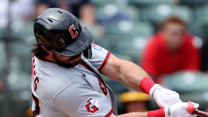 May 2, 2026; West Sacramento, California, USA; Cleveland Guardians catcher Austin Hedges (27) hits a solo home run against the Athletics during the third inning at Sutter Health Park. Mandatory Credit: Dennis Lee-Imagn Images