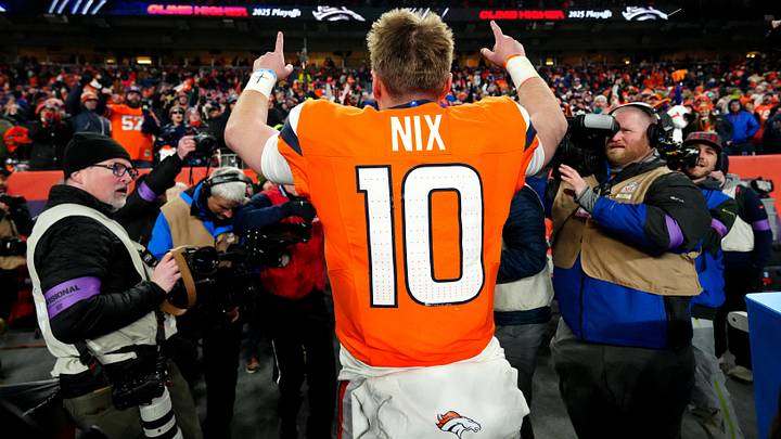 Jan 17, 2026; Denver, CO, USA; Denver Broncos quarterback Bo Nix (10) celebrates after winning an AFC Divisional Round playoff game against the Buffalo Bills at Empower Field at Mile High. Jan 17, 2026; Denver, CO, USA; Denver Broncos quarterback Bo Nix (10) celebrates after winning an AFC Divisional Round playoff game against the Buffalo Bills at Empower Field at Mile High.