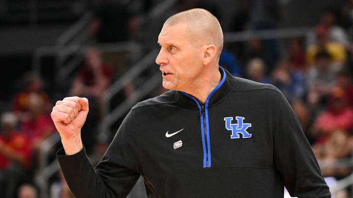 Mar 22, 2026; St. Louis, MO, USA; Kentucky Wildcats head coach Mark Pope reacts during the first half against the Iowa State Cyclones during a second round game of the men's 2026 NCAA Tournament at Enterprise Center. Mandatory Credit: Jeff Curry-Imagn Images Mar 22, 2026; St. Louis, MO, USA; Kentucky Wildcats head coach Mark Pope reacts during the first half against the Iowa State Cyclones during a second round game of the men's 2026 NCAA Tournament at Enterprise Center. Mandatory Credit: Jeff Curry-Imagn Images