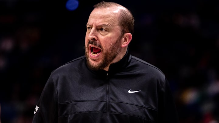 Dec 21, 2024; New Orleans, Louisiana, USA;  New York Knicks head coach Tom Thibodeau gives direction during the first half against the New Orleans Pelicans at Smoothie King Center. Mandatory Credit: Stephen Lew-Imagn Images