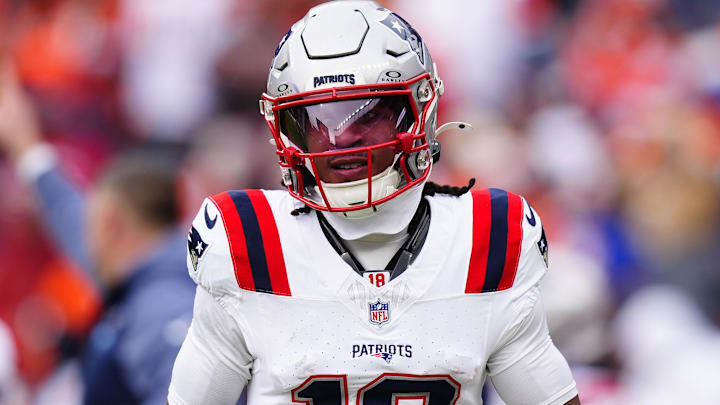 Jan 25, 2026; Denver, CO, USA; New England Patriots wide receiver Kyle Williams (18) practices before the 2026 AFC Championship Game at Empower Field at Mile High.