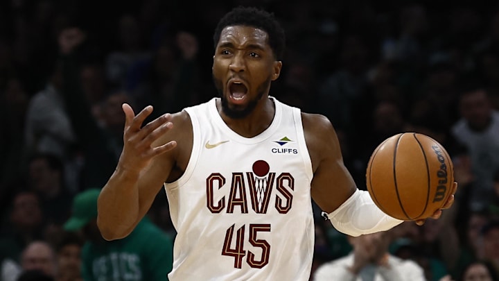 Feb 28, 2025; Boston, Massachusetts, USA; Cleveland Cavaliers guard Donovan Mitchell (45) directs teammates against the Boston Celtics during the second half at TD Garden. Mandatory Credit: Winslow Townson-Imagn Images