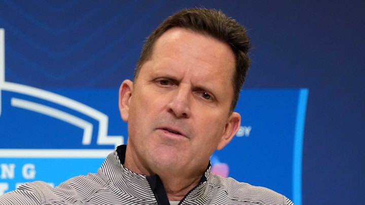 Feb 25, 2025; Indianapolis, IN, USA; Denver Broncos general manager George Paton speaks during the NFL Scouting Combine at the Indiana Convention Center. Mandatory Credit: Kirby Lee-Imagn Images Feb 25, 2025; Indianapolis, IN, USA; Denver Broncos general manager George Paton speaks during the NFL Scouting Combine at the Indiana Convention Center. Mandatory Credit: Kirby Lee-Imagn Images