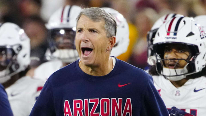 Arizona head coach Brent Brennan celebrates during a game against Arizona State at Mountain America Stadium in Tempe on Nov. 28, 2025. Arizona head coach Brent Brennan celebrates during a game against Arizona State at Mountain America Stadium in Tempe on Nov. 28, 2025.