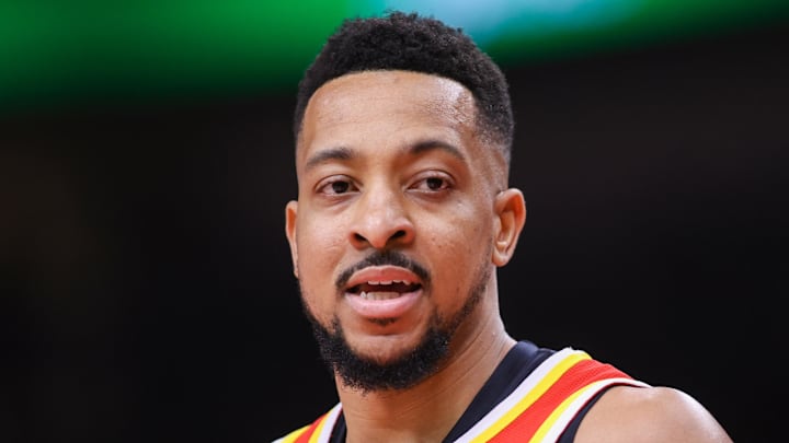 Atlanta Hawks guard CJ McCollum (3) in action against the Milwaukee Bucks in the first quarter at State Farm Arena on March 14, 2026.