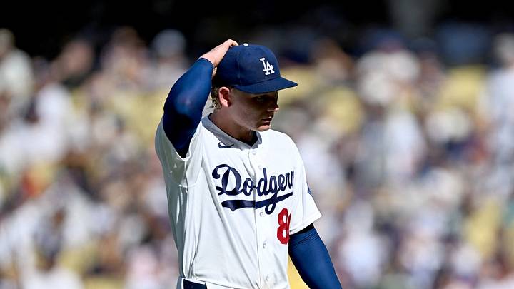 Los Angeles, California, USA; Los Angeles Dodgers pitcher Emmet Sheehan (80) reacts after a pitch during the first inning against the Boston Red Sox at Dodger Stadium. Mandatory Credit: Jonathan Hui-Imagn Images