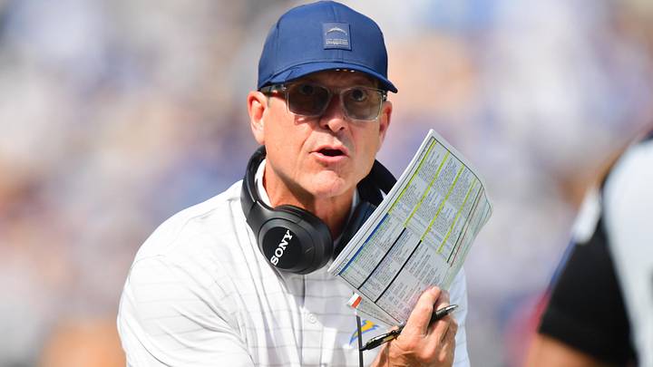 Oct 19, 2025; Inglewood, California, USA; Los Angeles Chargers head coach Jim Harbaugh reacts in the first half against the Indianapolis Colts at SoFi Stadium. Mandatory Credit: Gary A. Vasquez-Imagn Images