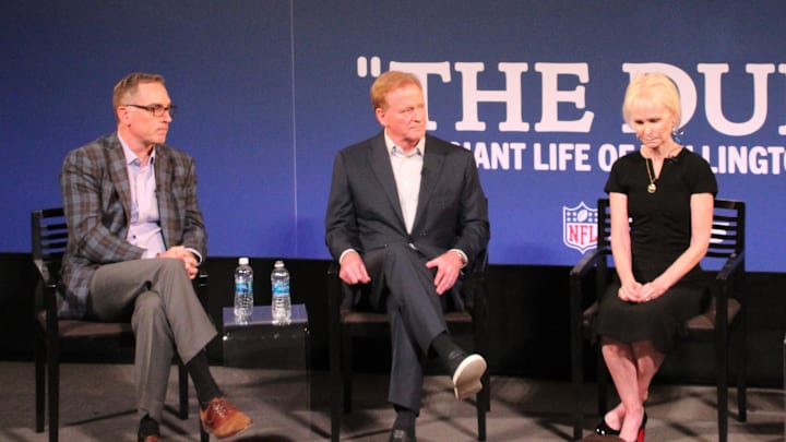 October 23, 2024; The Paley Center for Media, New York, USA; Neil Zender, Roger Goodell, and Susan Mara McDonnell discuss "THE DUKE: The Giant Life of Wellington Mara.