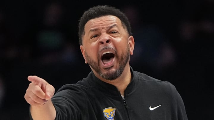 Mar 10, 2026; Charlotte, NC, USA; Pittsburgh Panthers head coach Jeff Capel III reacts in the first half at Spectrum Center. Mandatory Credit: Bob Donnan-Imagn Images