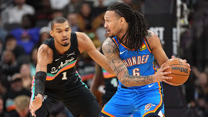 Feb 4, 2026; San Antonio, Texas, USA; San Antonio Spurs forward Victor Wembanyama (1) defends against Oklahoma City Thunder forward Jaylin Williams (6) during the first half at Frost Bank Center. Mandatory Credit: Scott Wachter-Imagn Images
