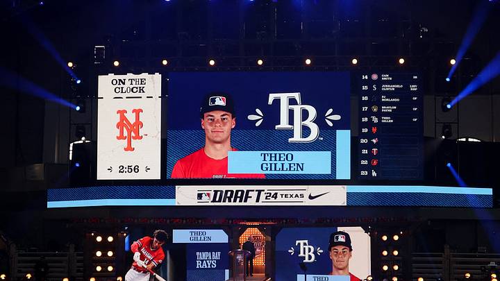 Jul 14, 2024; Ft. Worth, TX, USA; Theo Gillen is drafted by the Tampa Bay Rays with the 18th pick during the first round of the MLB Draft at Cowtown Coliseum. Mandatory Credit: Kevin Jairaj-USA TODAY Sports