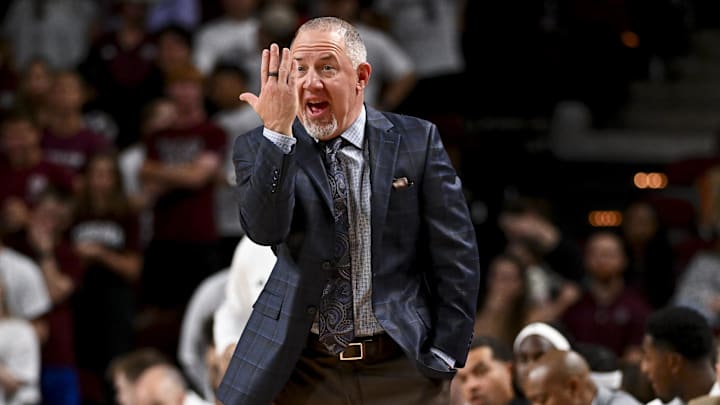 Nov 8, 2024; College Station, Texas, USA; Texas A&M Aggies coach Buzz Williams reacts during the first half against the East Texas A&M Lions at Reed Arena.