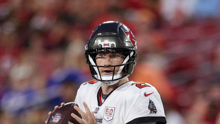 Tampa Bay Buccaneers quarterback Kyle Trask (2) drops back to pass against the Buffalo Bills in the first quarter 