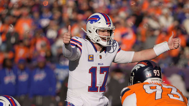 Buffalo Bills quarterback Josh Allen signals to the offensive line a play during first half action at Empower FIeld at Mile High in Denver, Colorado on Jan. 17, 2026.