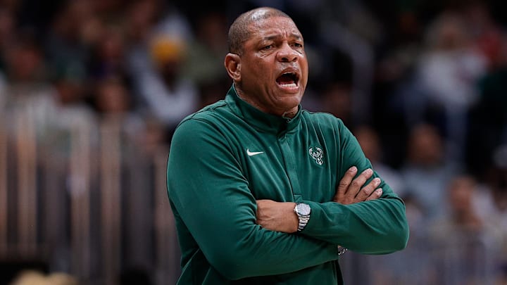 Jan 11, 2026; Denver, Colorado, USA; Milwaukee Bucks head coach Doc Rivers looks on in the first quarter against the Denver Nuggets at Ball Arena. Mandatory Credit: Isaiah J. Downing-Imagn Images
