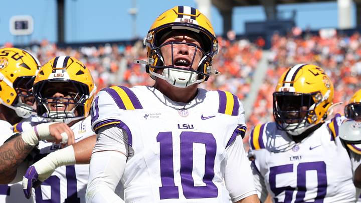 LSU Tigers quarterback Sam Leavitt (10) reacts after scoring a touchdown during the second quarter against the Auburn Tigers at Jordan-Hare Stadium LSU Tigers quarterback Sam Leavitt (10) reacts after scoring a touchdown during the second quarter against the Auburn Tigers at Jordan-Hare Stadium