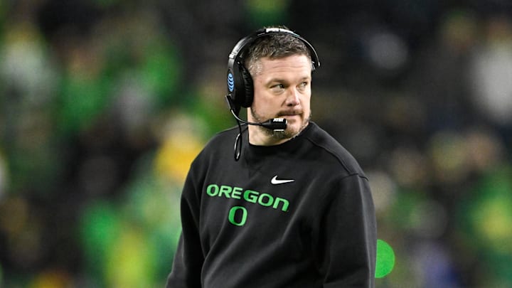 Dec 20, 2025; Eugene, OR, USA; Oregon Ducks head coach Dan Lanning looks on during the fourth quarter against the James Madison Dukes at Autzen Stadium. Mandatory Credit: Craig Strobeck-Imagn Images Dec 20, 2025; Eugene, OR, USA; Oregon Ducks head coach Dan Lanning looks on during the fourth quarter against the James Madison Dukes at Autzen Stadium. Mandatory Credit: Craig Strobeck-Imagn Images