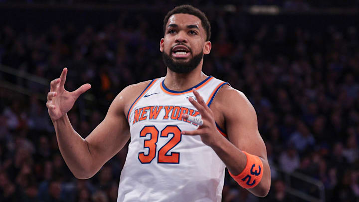 Feb 19, 2026; New York, New York, USA; New York Knicks center Karl-Anthony Towns (32) reacts during the first half against Detroit Pistons at Madison Square Garden. Mandatory Credit: Vincent Carchietta-Imagn Images Feb 19, 2026; New York, New York, USA; New York Knicks center Karl-Anthony Towns (32) reacts during the first half against Detroit Pistons at Madison Square Garden. Mandatory Credit: Vincent Carchietta-Imagn Images