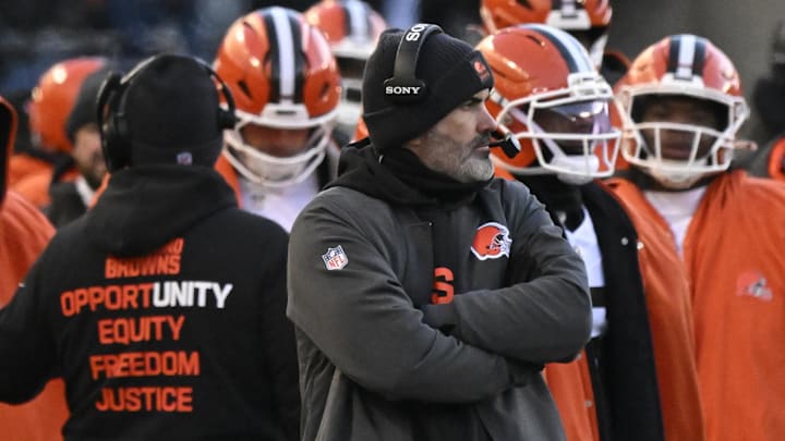 Dec 14, 2025; Chicago, Illinois, USA; Cleveland Browns head coach Kevin Stefanski looks on during the fourth quarter against the Chicago Bears at Soldier Field. Mandatory Credit: Matt Marton-Imagn Images