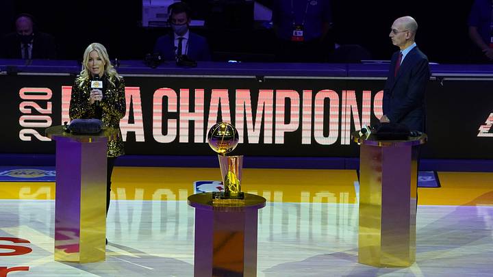 Dec 22, 2020; Los Angeles, California, USA; Los Angeles Lakers owner Jeanie Buss (left) and NBA commissioner Adam Silver speak at 2020 NBA Championship ring ceremony before a game between the Lakers and the Los Angeles Clippers at Staples Center. Mandatory Credit: Kirby Lee-USA TODAY Sports Dec 22, 2020; Los Angeles, California, USA; Los Angeles Lakers owner Jeanie Buss (left) and NBA commissioner Adam Silver speak at 2020 NBA Championship ring ceremony before a game between the Lakers and the Los Angeles Clippers at Staples Center. Mandatory Credit: Kirby Lee-USA TODAY Sports