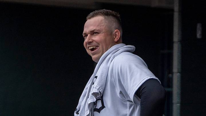 Detroit Tigers starting pitcher Tarik Skubal (29) smiles as he stands in the dugout alongside Justin Verlander during their game against the Baltimore Orioles at Comerica Park in Detroit on Wednesday, July 29, 2026.