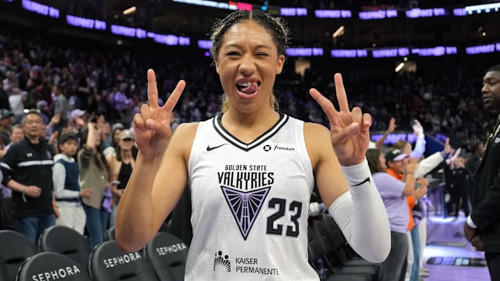 Jun 22, 2025; San Francisco, California, USA; Golden State Valkyries guard Aerial Powers (23) gestures after defeating the Connecticut Sun at Chase Center. Mandatory Credit: Darren Yamashita-Imagn Images Jun 22, 2025; San Francisco, California, USA; Golden State Valkyries guard Aerial Powers (23) gestures after defeating the Connecticut Sun at Chase Center. Mandatory Credit: Darren Yamashita-Imagn Images