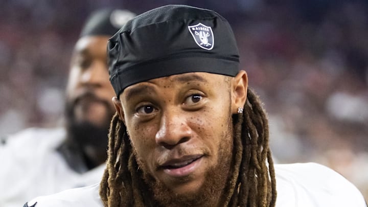 Aug 23, 2025; Glendale, Arizona, USA; Las Vegas Raiders cornerback Eric Stokes (22) against the Arizona Cardinals during a preseason NFL game at State Farm Stadium. Mandatory Credit: Mark J. Rebilas-Imagn Images