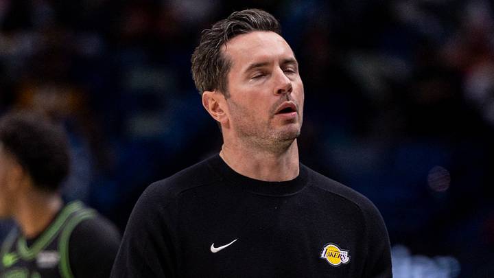 Jan 6, 2026; New Orleans, Louisiana, USA;  Los Angeles Lakers Head Coach JJ Redick reacts to a play against the New Orleans Pelicans during the second half at Smoothie King Center. Mandatory Credit: Stephen Lew-Imagn Images