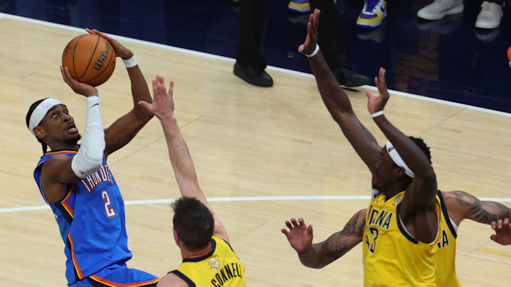 Jun 13, 2025; Indianapolis, Indiana, USA; Oklahoma City Thunder guard Shai Gilgeous-Alexander (2) drives to the hoop past Indiana Pacers guard T.J. McConnell (9) during the third quarter of game four of the 2025 NBA Finals at Gainbridge Fieldhouse. Mandatory Credit: Trevor Ruszkowski-Imagn Images Jun 13, 2025; Indianapolis, Indiana, USA; Oklahoma City Thunder guard Shai Gilgeous-Alexander (2) drives to the hoop past Indiana Pacers guard T.J. McConnell (9) during the third quarter of game four of the 2025 NBA Finals at Gainbridge Fieldhouse. Mandatory Credit: Trevor Ruszkowski-Imagn Images