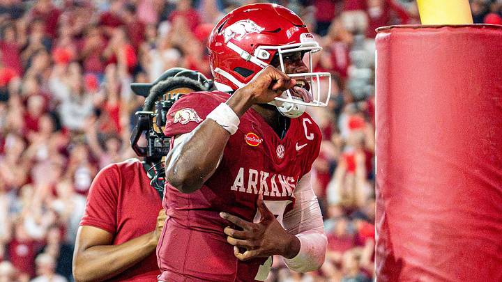 Arkansas Razorbacks quarterback KJ Jackson celebrates following a touchdown in the fourth quarter against Tulsa. Arkansas Razorbacks quarterback KJ Jackson celebrates following a touchdown in the fourth quarter against Tulsa.