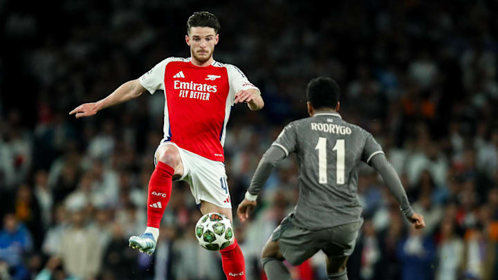 Declan Rice (left) and Rodrygo (right) battled in the first leg of the Champions League quarterfinals.