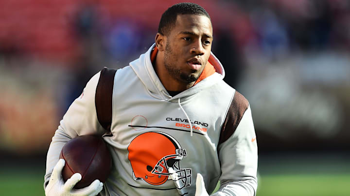 Dec 12, 2021; Cleveland, Ohio, USA; Cleveland Browns running back Nick Chubb (24) warms up before the game between the Browns and the Baltimore Ravens at FirstEnergy Stadium. Mandatory Credit: Ken Blaze-Imagn Images