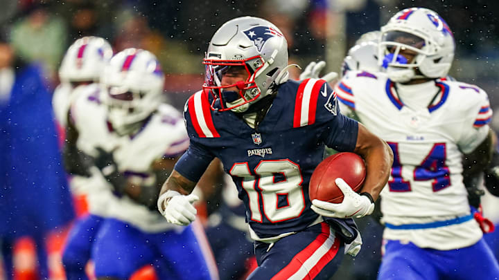 Dec 14, 2025; Foxborough, Massachusetts, USA; New England Patriots wide receiver Kyle Williams (18) runs the ball against the Buffalo Bills in the second half at Gillette Stadium. Mandatory Credit: David Butler II-Imagn Images Dec 14, 2025; Foxborough, Massachusetts, USA; New England Patriots wide receiver Kyle Williams (18) runs the ball against the Buffalo Bills in the second half at Gillette Stadium. Mandatory Credit: David Butler II-Imagn Images