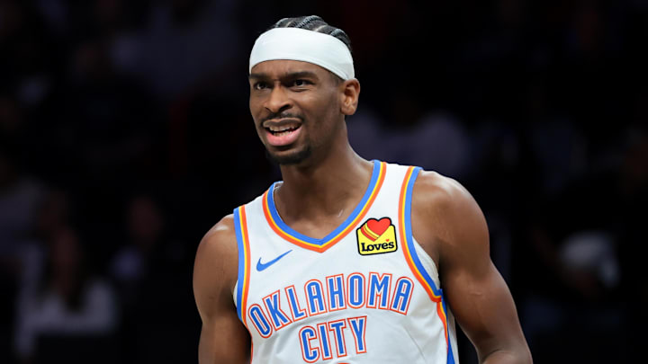 Jan 17, 2026; Miami, Florida, USA; Oklahoma City Thunder guard Shai Gilgeous-Alexander (2) reacts against the Miami Heat during the first quarter at Kaseya Center. Mandatory Credit: Sam Navarro-Imagn Images
